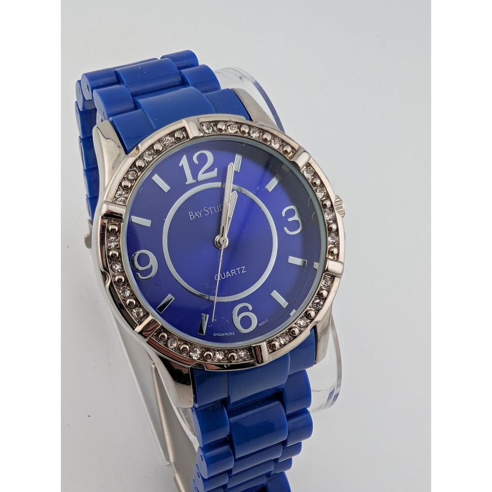 Bay Studio Watch Women 38mm Silver Case Blue Plastic Link 7" Band-‎ New Battery
